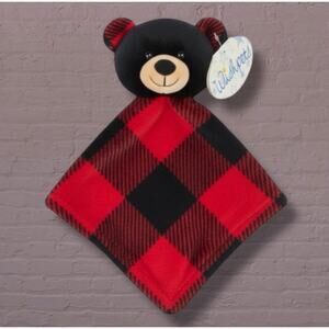 Wishpets Woodsy Black Bear Lovey Security Blanket Red Black Buffalo Plaid 12"